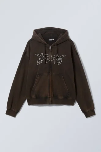Boxy Embroidery Zip Hoodie – Washed Dark Brown – Dream