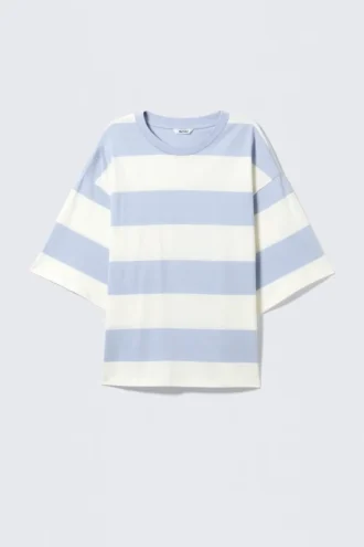 Boxy Fit Printed T-Shirt – Light Blue & White Stripe – 28