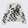 Boxy Graphic Jacquard Sweater – Dirty White – Square Pattern Boxy Graphic Jacquard Sweater – Dirty White – Square Pattern