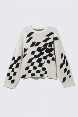 Boxy Graphic Jacquard Sweater – Dirty White – Square Pattern