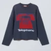 Boxy Graphic Knitted Cotton Sweater – Dark Blue – Telephone Boxy Graphic Knitted Cotton Sweater – Dark Blue – Telephone