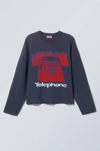 Boxy Graphic Knitted Cotton Sweater – Dark Blue – Telephone