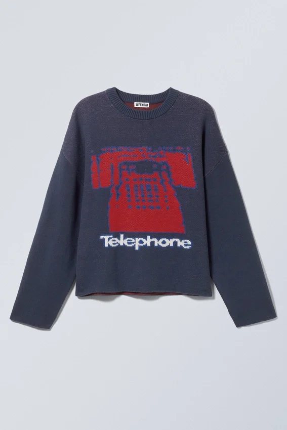 Boxy Graphic Knitted Cotton Sweater – Dark Blue – Telephone Boxy Graphic Knitted Cotton Sweater – Dark Blue – Telephone