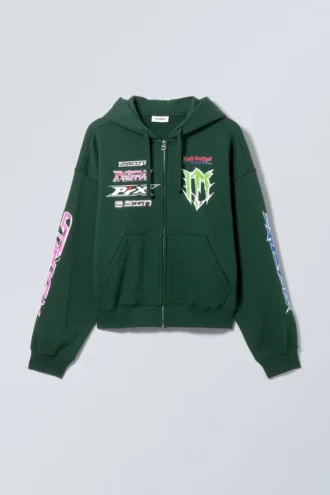 Boxy Graphic Zip Hoodie – Multi-Printed Dark Green