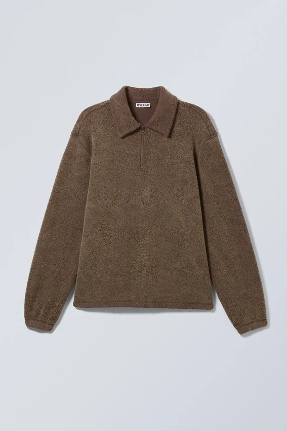 Boxy Half-Zip Fleece Sweatshirt – Washed Dark Brown Boxy Half-Zip Fleece Sweatshirt – Washed Dark Brown