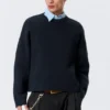 Boxy Knitted Cotton Sweater – Dark Navy Blue Boxy Knitted Cotton Sweater – Dark Navy Blue