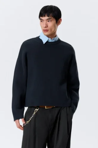 Boxy Knitted Cotton Sweater – Dark Navy Blue