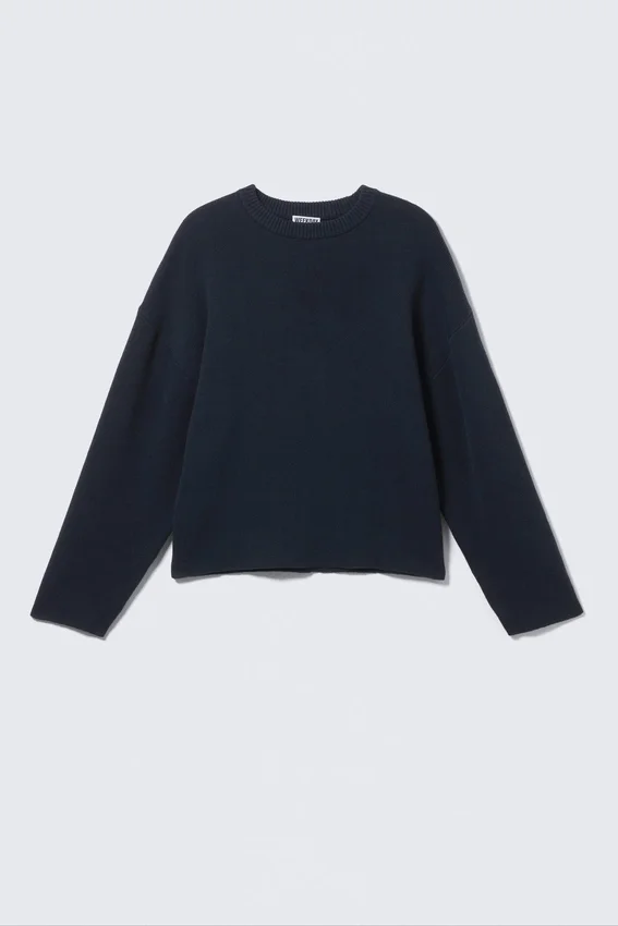 Boxy Knitted Cotton Sweater – Dark Navy Blue Boxy Knitted Cotton Sweater – Dark Navy Blue