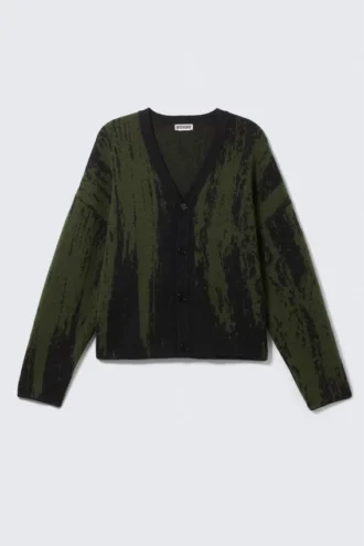Boxy Knitted Graphic Cardigan – Black/Dark Khaki Green