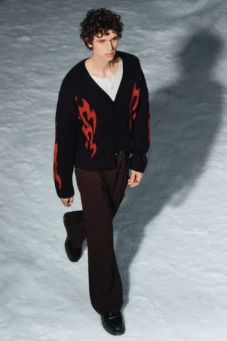 Boxy Knitted Graphic Cardigan – Black – Red Flames