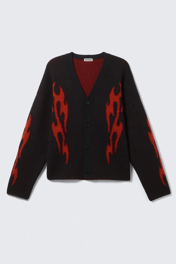Boxy Knitted Graphic Cardigan – Black – Red Flames Boxy Knitted Graphic Cardigan – Black – Red Flames