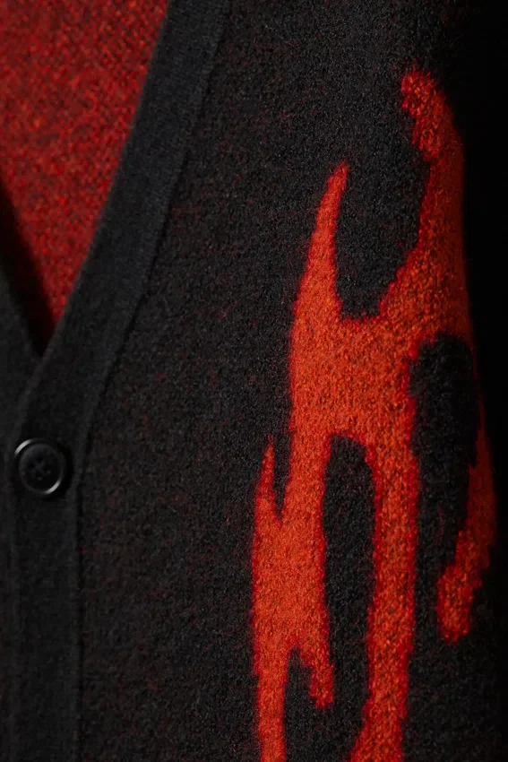 Boxy Knitted Graphic Cardigan – Black – Red Flames Boxy Knitted Graphic Cardigan – Black – Red Flames