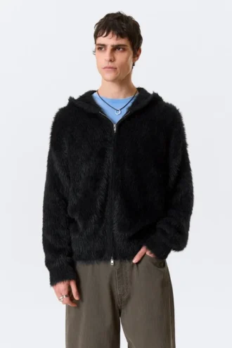 Boxy Knitted Hairy Zip Hoodie – Black