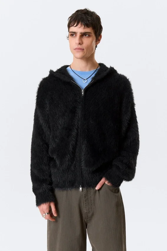 Boxy Knitted Hairy Zip Hoodie – Black Boxy Knitted Hairy Zip Hoodie – Black