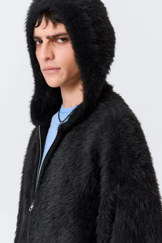 Boxy Knitted Hairy Zip Hoodie – Black Boxy Knitted Hairy Zip Hoodie – Black