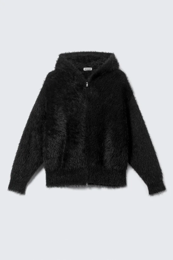 Boxy Knitted Hairy Zip Hoodie – Black Boxy Knitted Hairy Zip Hoodie – Black