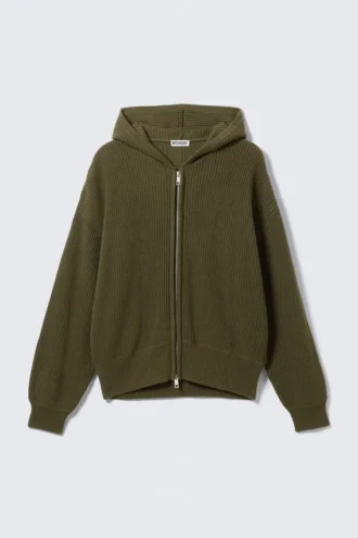 Boxy Knitted Hoodie – Dark Khaki Green
