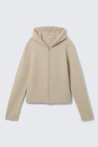 Boxy Knitted Zip Hoodie – Beige