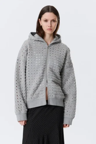 Boxy Laser-Cut Zip Hoodie – Grey Melange