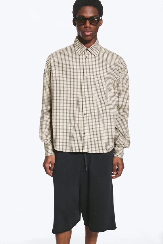 Boxy Long-Sleeved Cotton Poplin Shirt – Beige Check Boxy Long-Sleeved Cotton Poplin Shirt – Beige Check