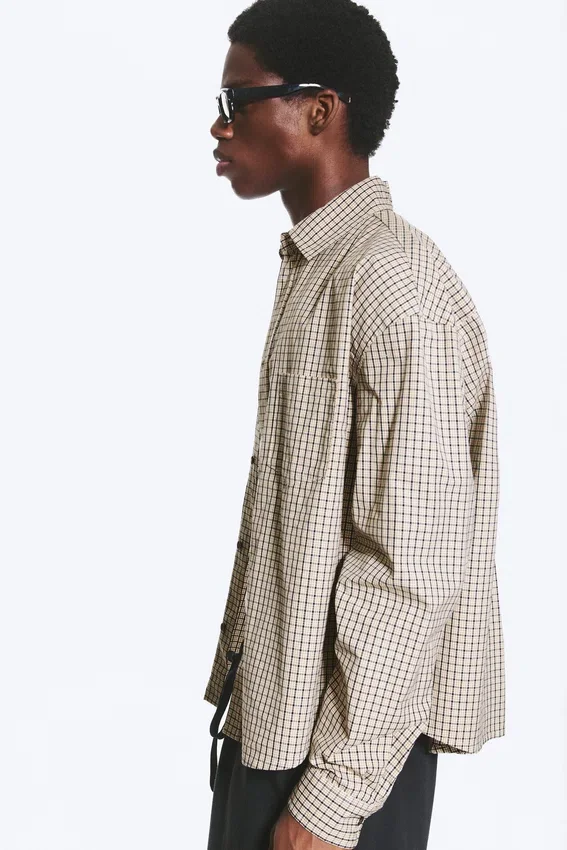 Boxy Long-Sleeved Cotton Poplin Shirt – Beige Check Boxy Long-Sleeved Cotton Poplin Shirt – Beige Check