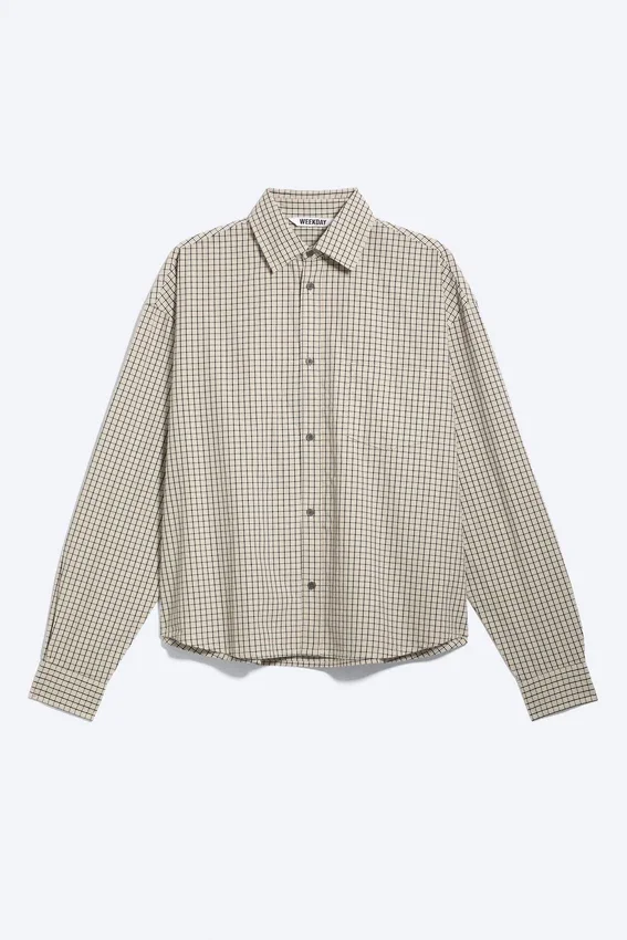 Boxy Long-Sleeved Cotton Poplin Shirt – Beige Check Boxy Long-Sleeved Cotton Poplin Shirt – Beige Check