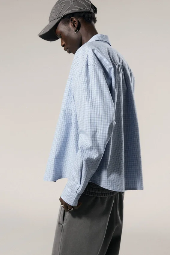 Boxy Long-Sleeved Cotton Poplin Shirt – Checked Blue Boxy Long-Sleeved Cotton Poplin Shirt – Checked Blue