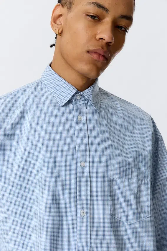 Boxy Long-Sleeved Cotton Poplin Shirt – Checked Blue Boxy Long-Sleeved Cotton Poplin Shirt – Checked Blue