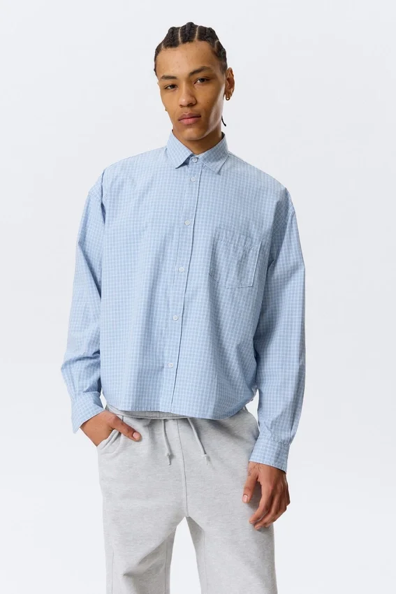 Boxy Long-Sleeved Cotton Poplin Shirt – Checked Blue Boxy Long-Sleeved Cotton Poplin Shirt – Checked Blue