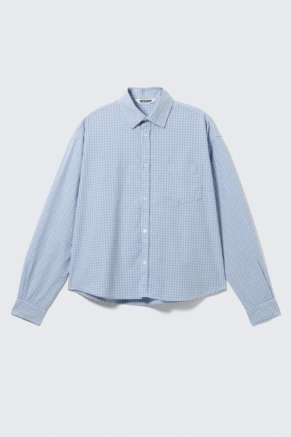 Boxy Long-Sleeved Cotton Poplin Shirt – Checked Blue Boxy Long-Sleeved Cotton Poplin Shirt – Checked Blue