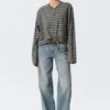 Boxy Long-Sleeved Henley T-Shirt – Striped Dark Grey Boxy Long-Sleeved Henley T-Shirt – Striped Dark Grey
