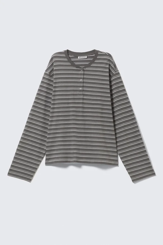 Boxy Long-Sleeved Henley T-Shirt – Striped Dark Grey Boxy Long-Sleeved Henley T-Shirt – Striped Dark Grey