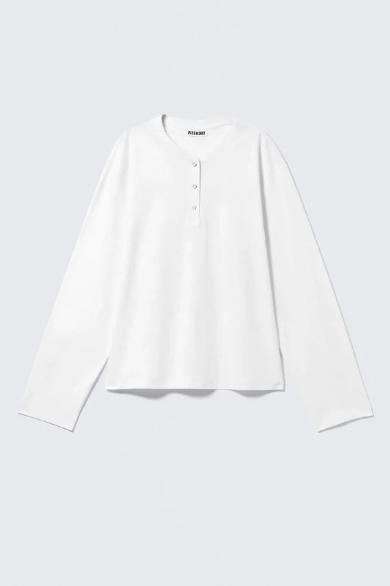 Boxy Long-Sleeved Henley T-Shirt – White Boxy Long-Sleeved Henley T-Shirt – White