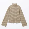 Boxy Long-Sleeved Mock Turtleneck Top – Beige & Dark Brown Stripes