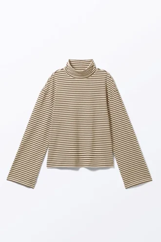 Boxy Long-Sleeved Mock Turtleneck Top – Beige & Dark Brown Stripes