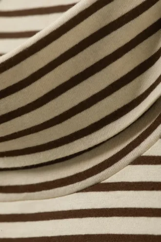 Boxy Long-Sleeved Mock Turtleneck Top – Beige & Dark Brown Stripes