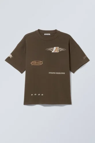 Boxy Printed Graphic T-Shirt – Dark Brown – Sports Logos