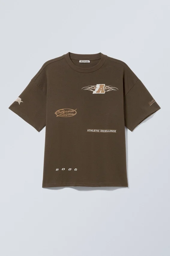 Boxy Printed Graphic T-Shirt – Dark Brown – Sports Logos Boxy Printed Graphic T-Shirt – Dark Brown – Sports Logos