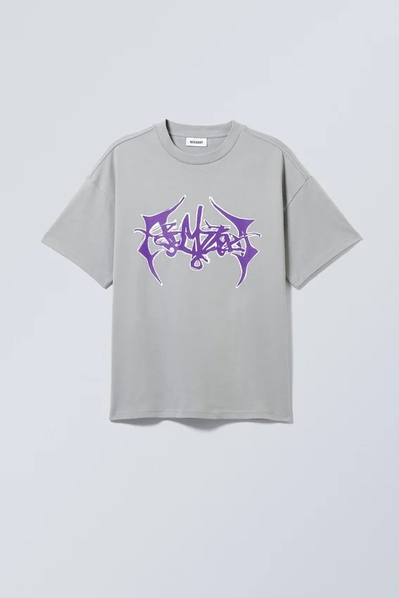 Boxy Printed Graphic T-Shirt – Grey Purple Print Boxy Printed Graphic T-Shirt – Grey Purple Print