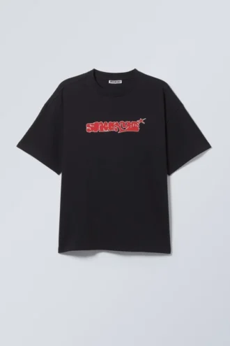 Boxy Printed Graphic T-Shirt – Washed Black – Space Knights