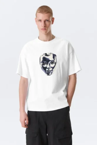 Boxy Printed Graphic T-Shirt – White – Robo Silver Face
