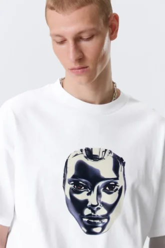 Boxy Printed Graphic T-Shirt – White – Robo Silver Face