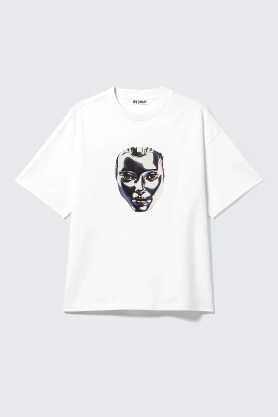 Boxy Printed Graphic T-Shirt – White – Robo Silver Face Boxy Printed Graphic T-Shirt – White – Robo Silver Face