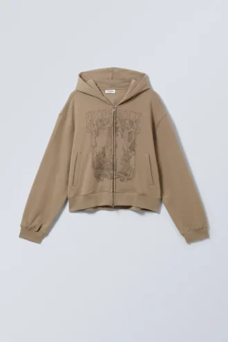 Boxy Printed Heavyweight Zip Hoodie – Dark Beige