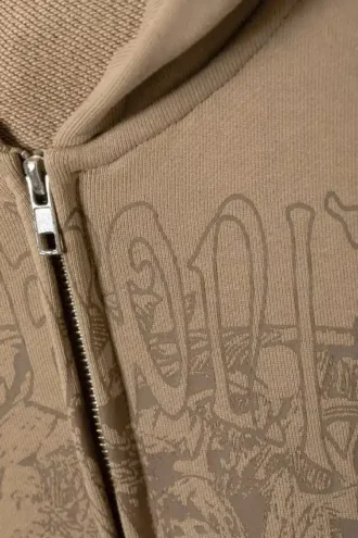 Boxy Printed Heavyweight Zip Hoodie – Dark Beige