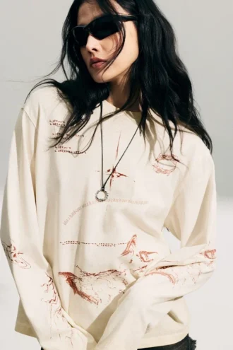 Boxy Printed Long-Sleeved Top – Light Beige – Street Print