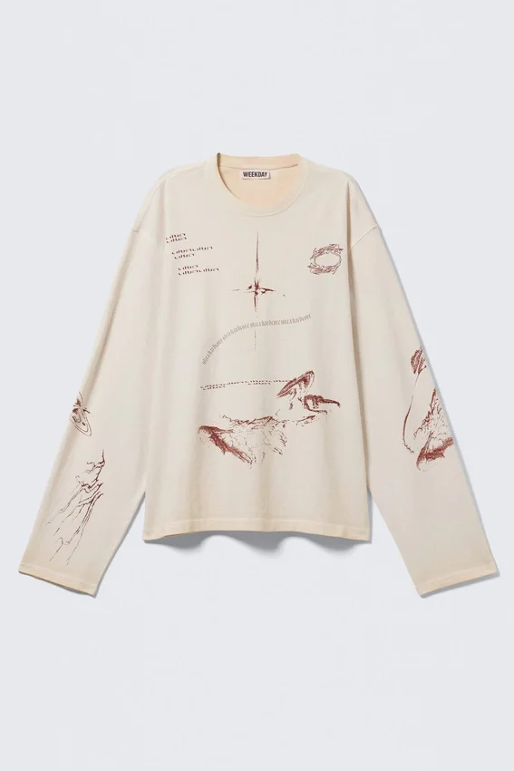 Boxy Printed Long-Sleeved Top – Light Beige – Street Print Boxy Printed Long-Sleeved Top – Light Beige – Street Print