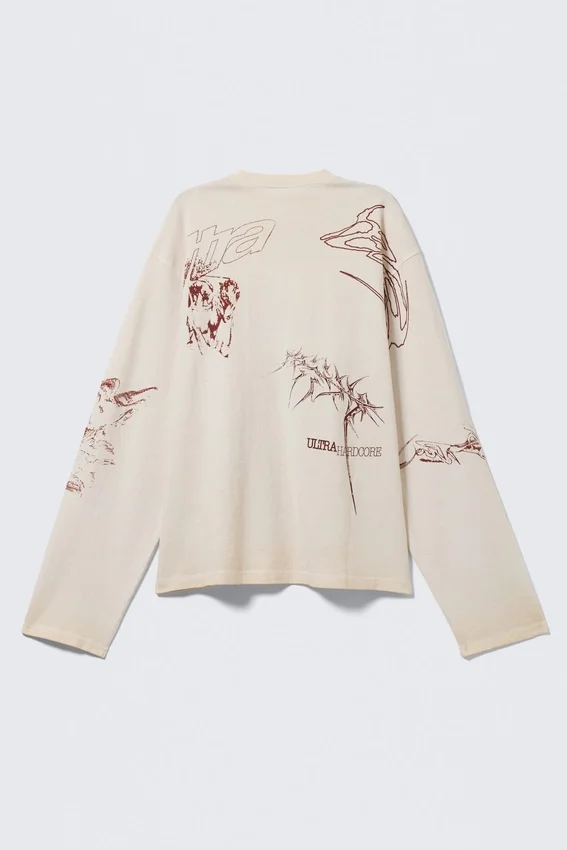 Boxy Printed Long-Sleeved Top – Light Beige – Street Print Boxy Printed Long-Sleeved Top – Light Beige – Street Print