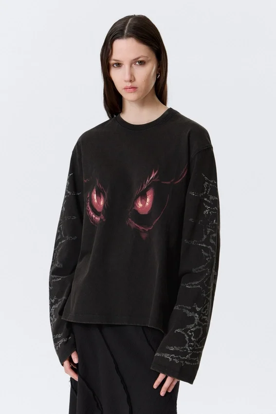 Boxy Printed Long-Sleeved Top – Washed Black – Dragon Gaze Boxy Printed Long-Sleeved Top – Washed Black – Dragon Gaze