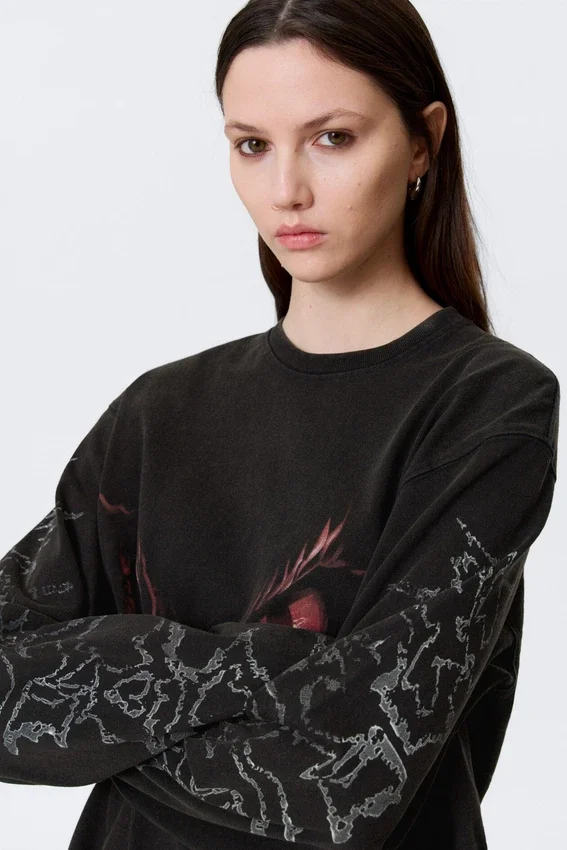 Boxy Printed Long-Sleeved Top – Washed Black – Dragon Gaze Boxy Printed Long-Sleeved Top – Washed Black – Dragon Gaze